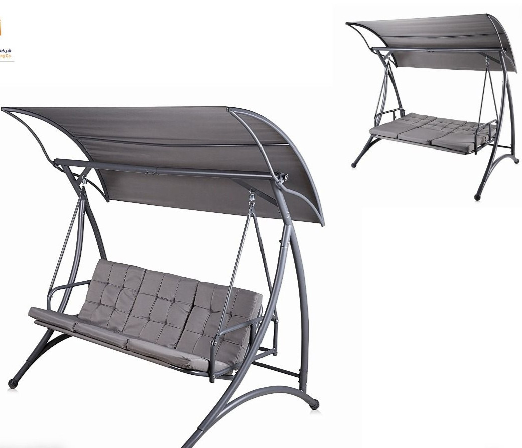 أرجوحة خارجية بثلاثة مقاعد مع مظلة متحركة – لون رمادي أنيق