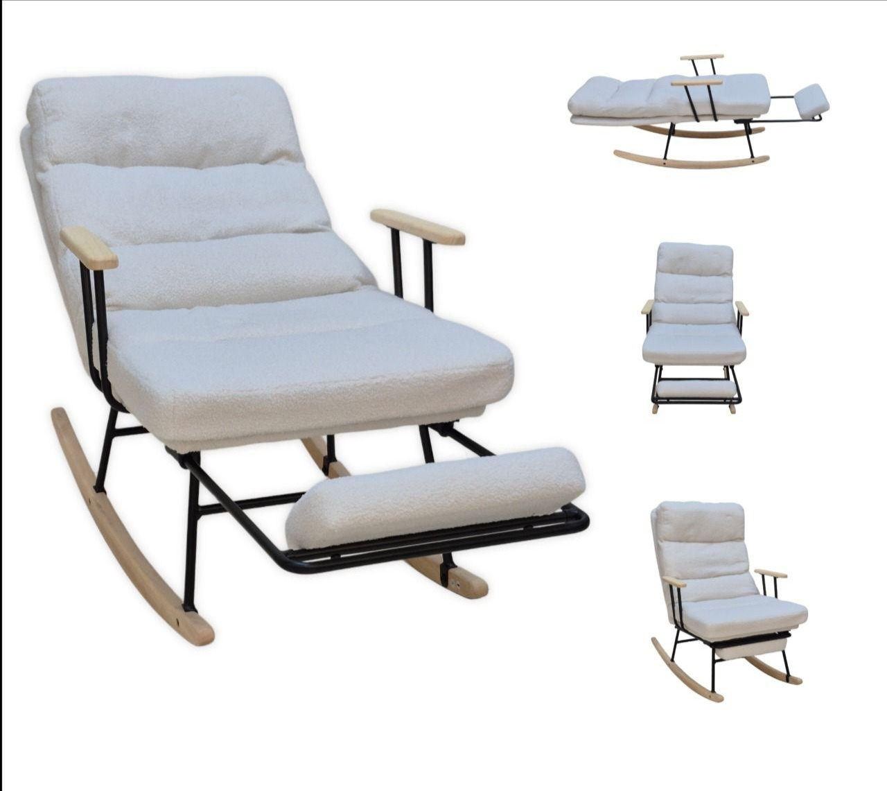 كرسي هزاز قابل للتمدد مع مسند للقدم – تصميم مريح بلون أبيض فاتح