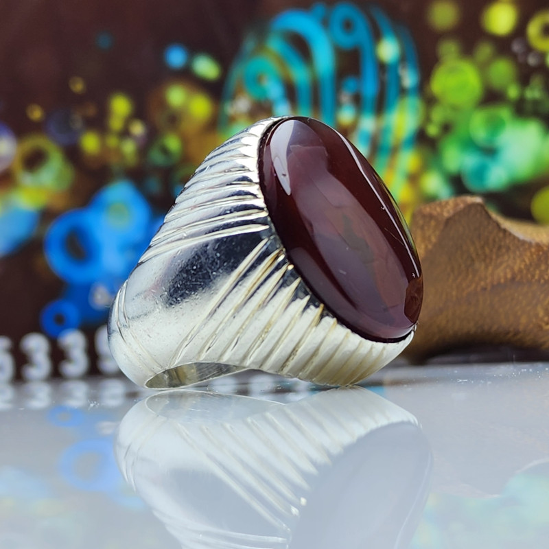 خاتم عقيق كبدي فضه ٩٢٥ صب ثقيل صياغه كلاسيكي