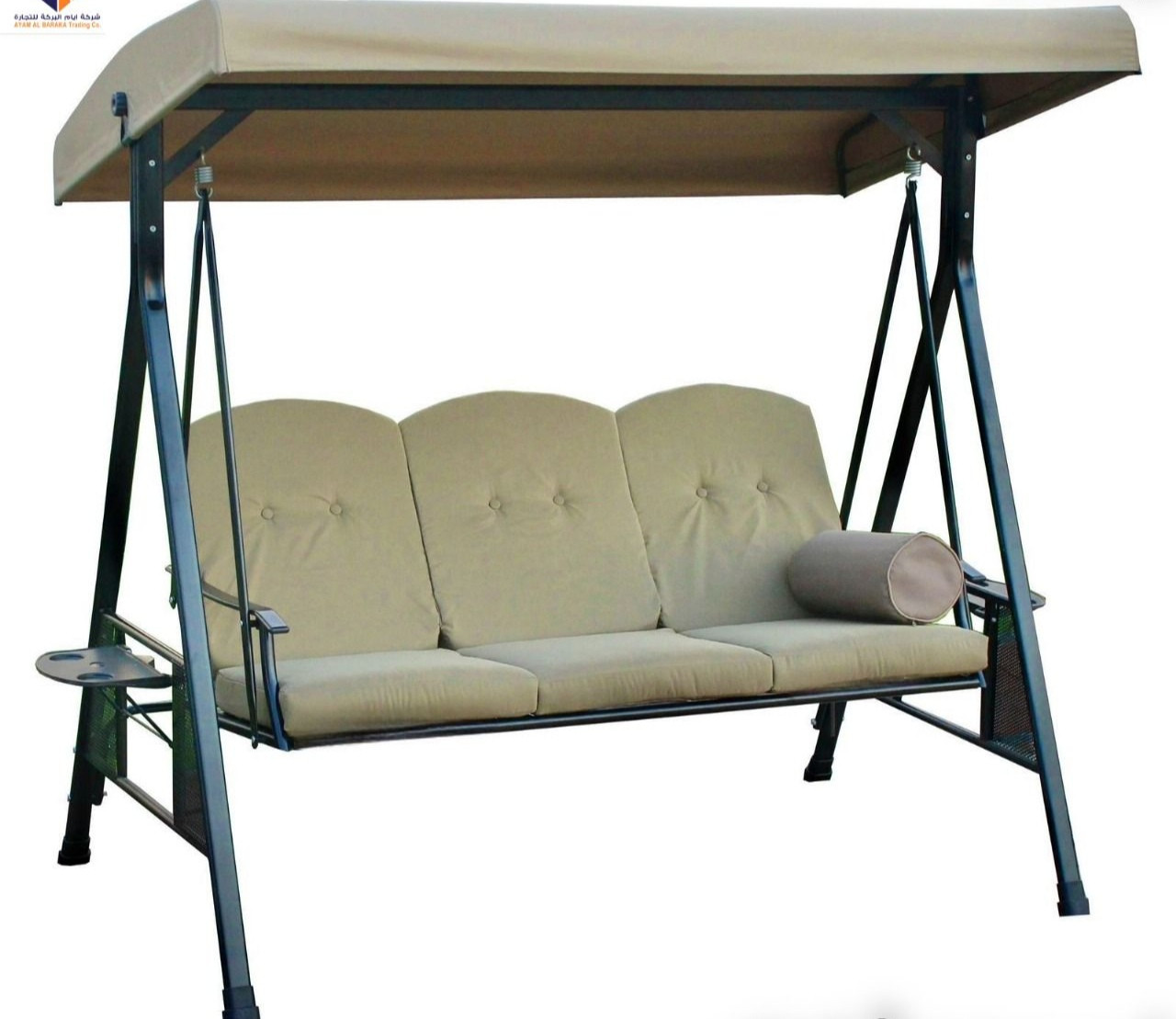 أرجوحة خارجية بثلاثة مقاعد مع مظلة متحركة – لون بني فاتح أنيق