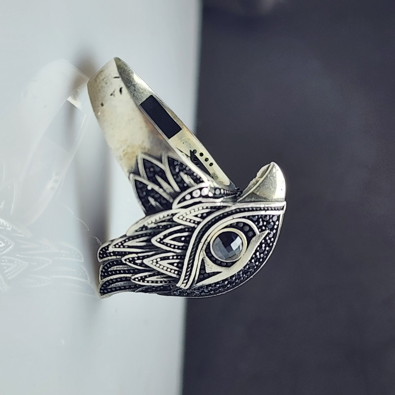 خاتم الصقر فضه ٩٢٥  مرصع بالزركن